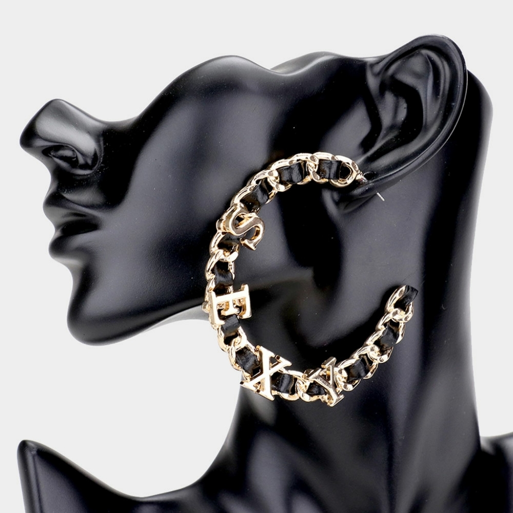 Gold & Black SEXY Leather Chain Link Hoop Earrings